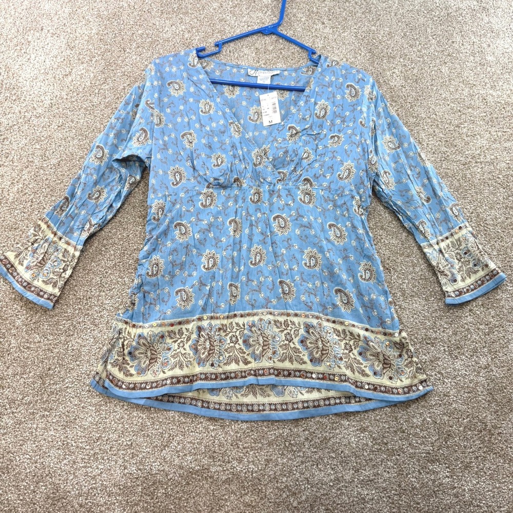 NEW Dressbarn Womens Blue Paisley Sequin Empire Waist Tunic Top M Boho Festival